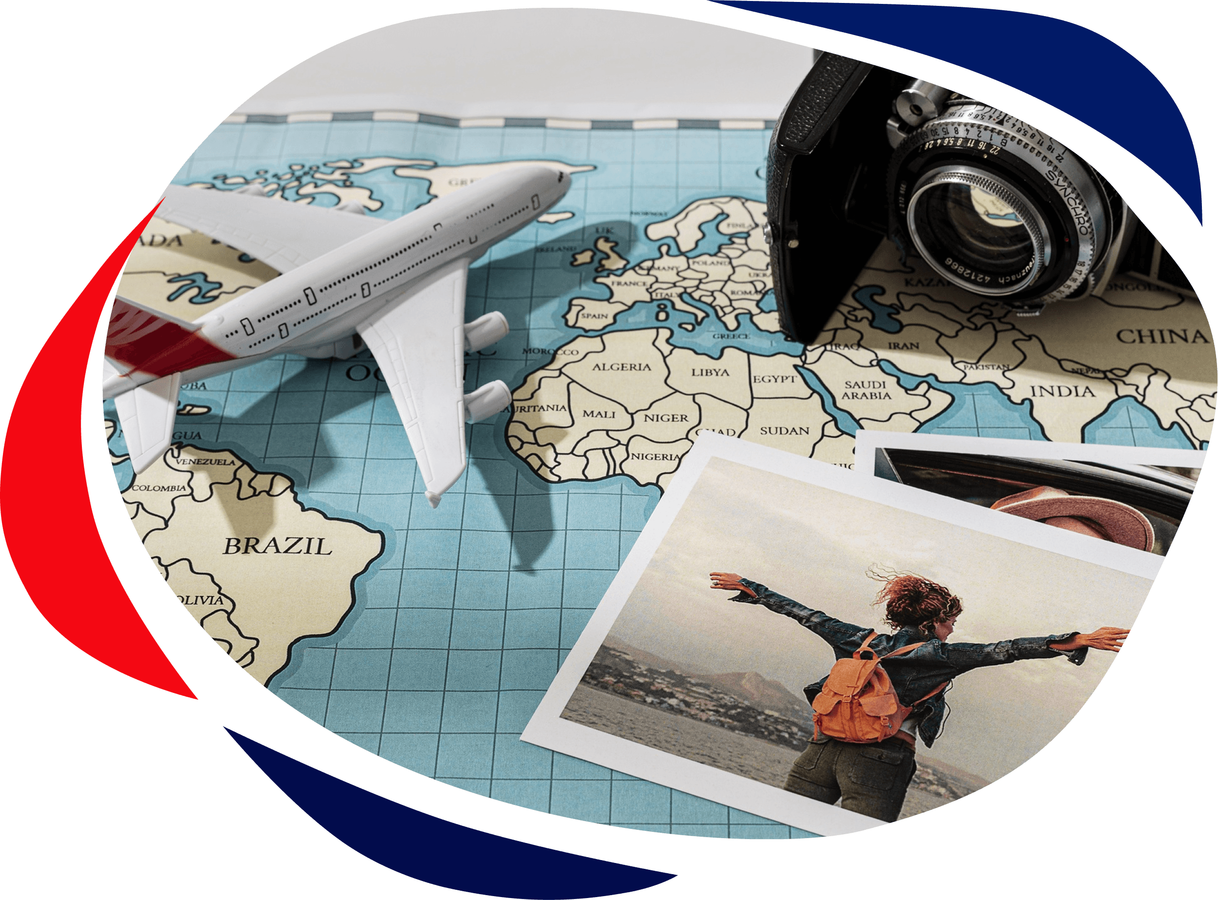 Travel essentials arranged over a world map