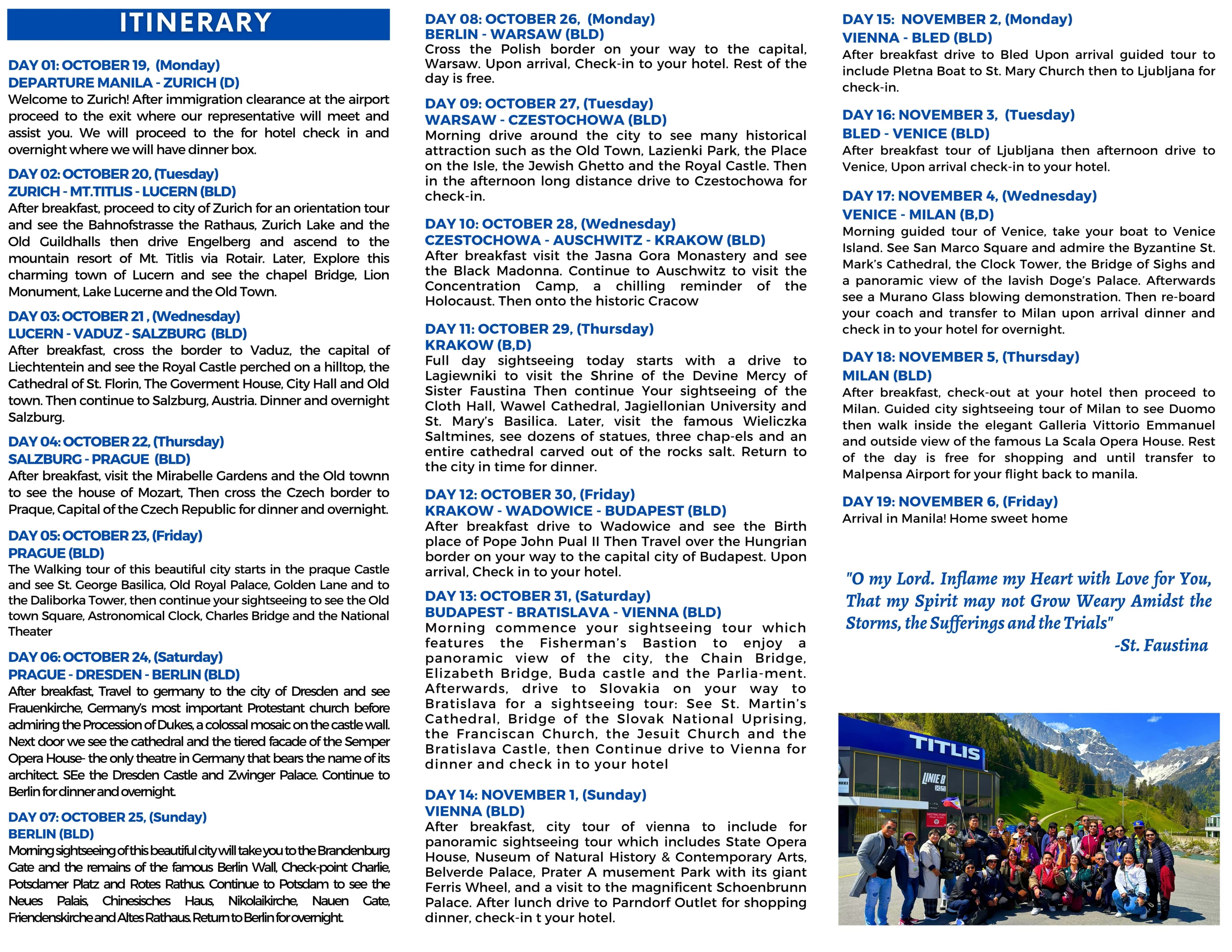 Divine Mercy and Eastern Europe Pilgrimage and Leisure brochure page 2